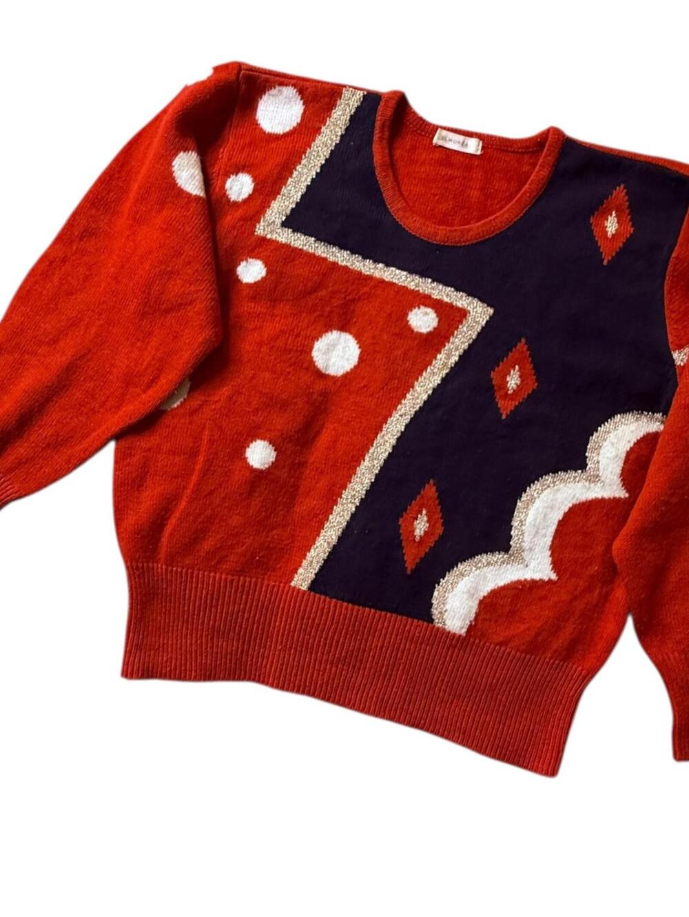 Elmorea Red Geometric Metallic Wool Blend Sweater 80s Abstract Design M